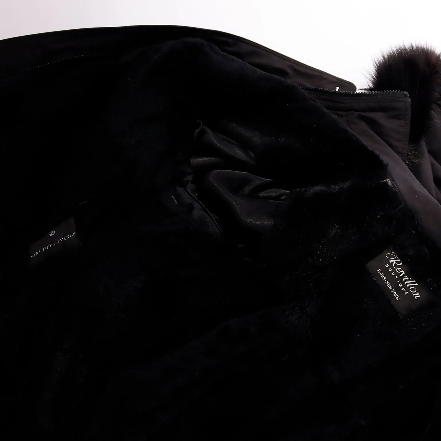 1980s Revillon Boutique All Weather Black Coat W Hood &  Fur Lining & Fox Trim