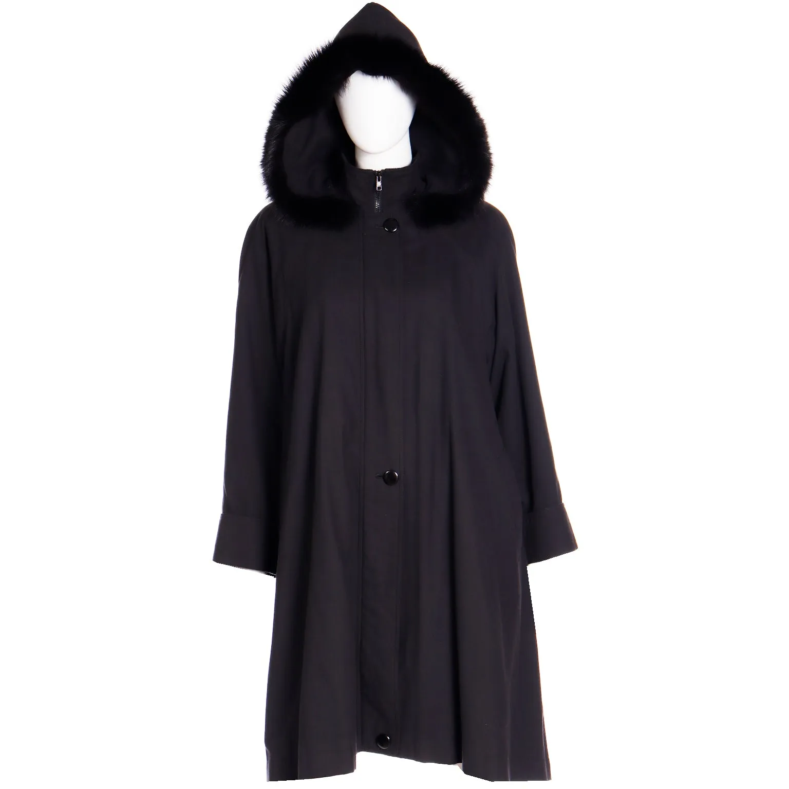 1980s Revillon Boutique All Weather Black Coat W Hood &  Fur Lining & Fox Trim