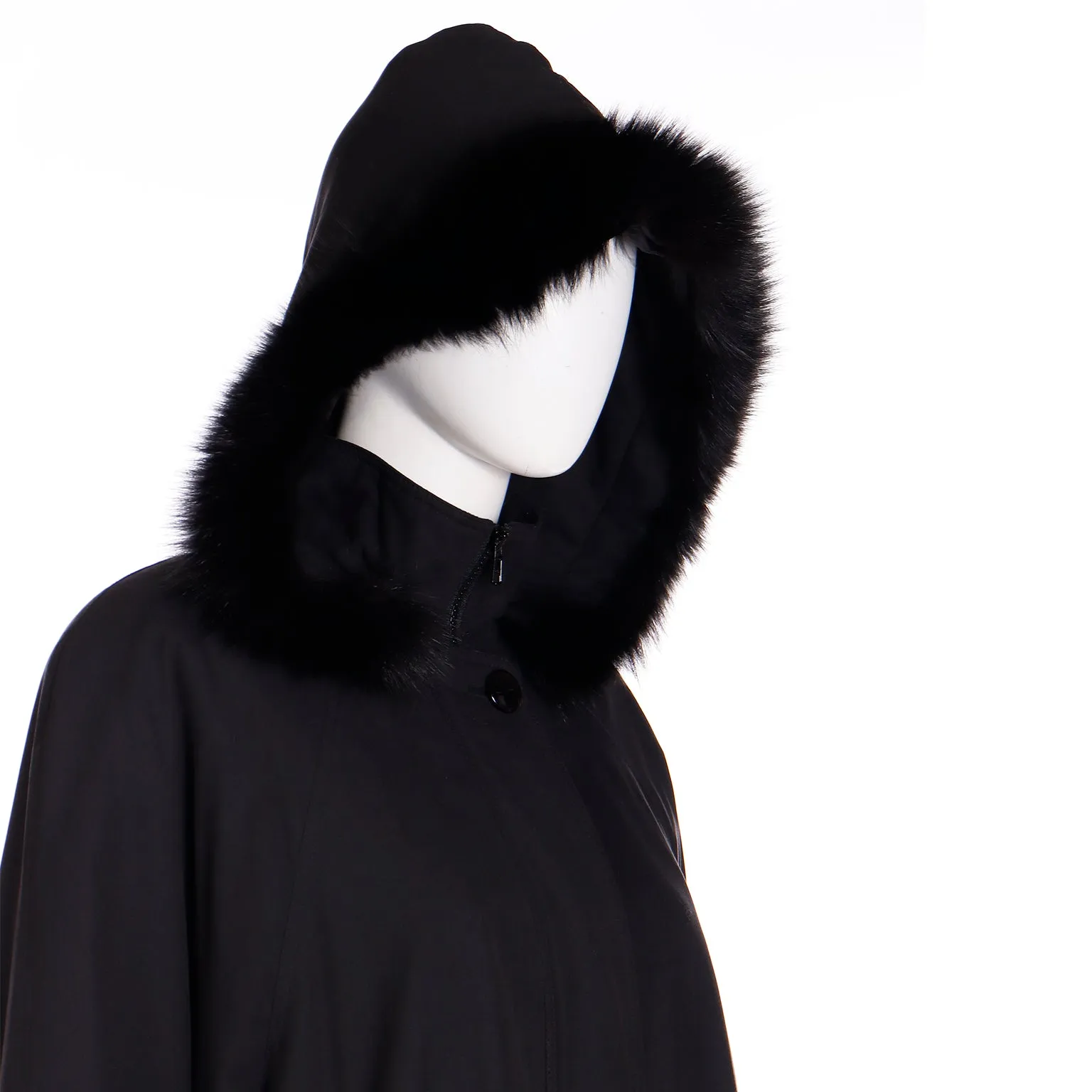 1980s Revillon Boutique All Weather Black Coat W Hood &  Fur Lining & Fox Trim