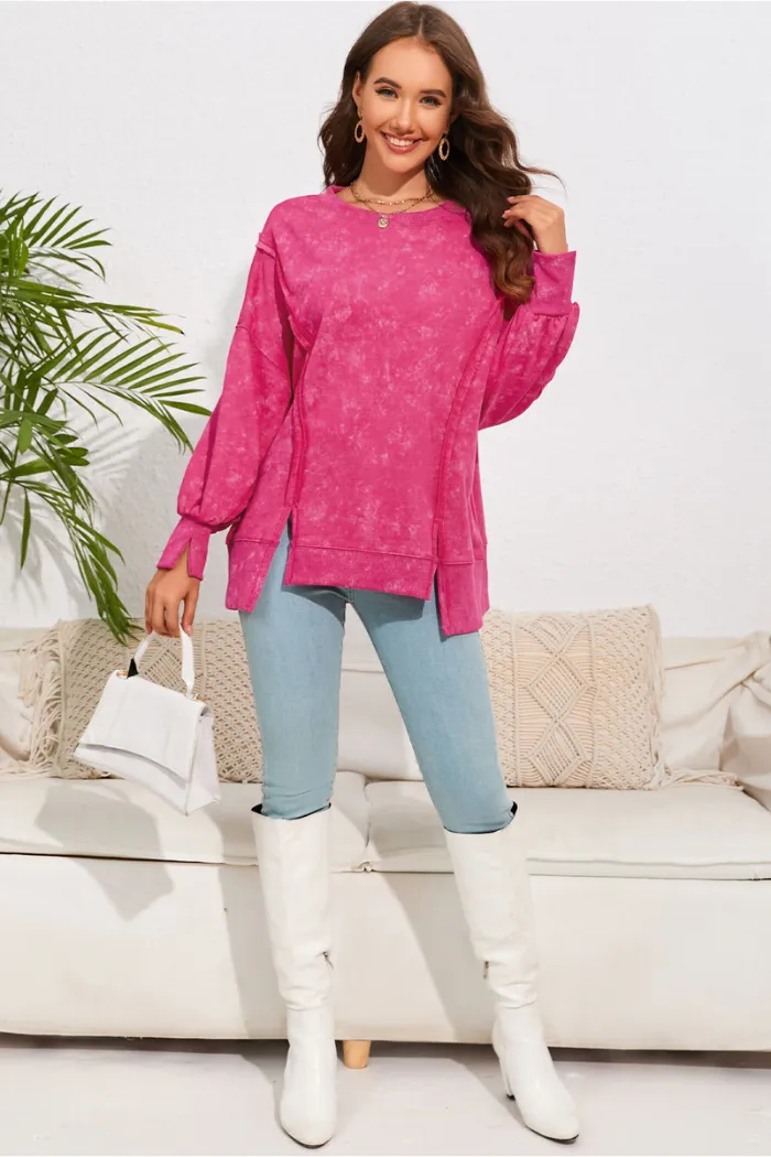 Acid Wash Relaxed Fit Seamed Pullover Sweatshirt with Slits