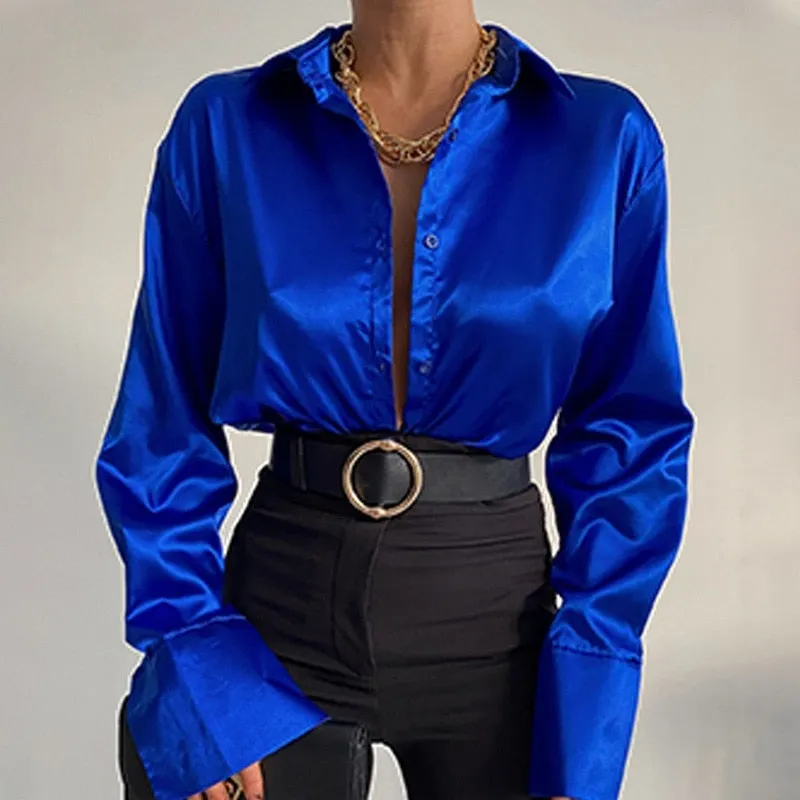 Amy Fashion - Elegant Satin Long Sleeve Blouses