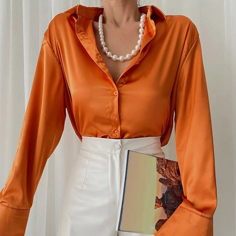 Amy Fashion - Elegant Satin Long Sleeve Blouses