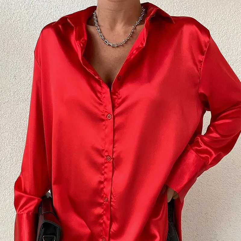 Amy Fashion - Elegant Satin Long Sleeve Blouses