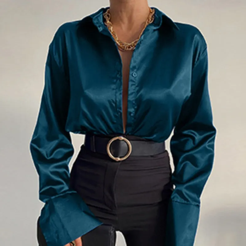 Amy Fashion - Elegant Satin Long Sleeve Blouses