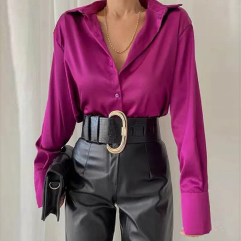 Amy Fashion - Elegant Satin Long Sleeve Blouses