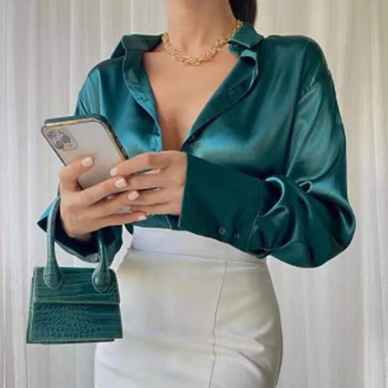 Amy Fashion - Elegant Satin Long Sleeve Blouses