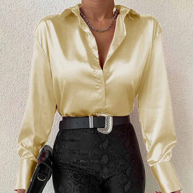 Amy Fashion - Elegant Satin Long Sleeve Blouses