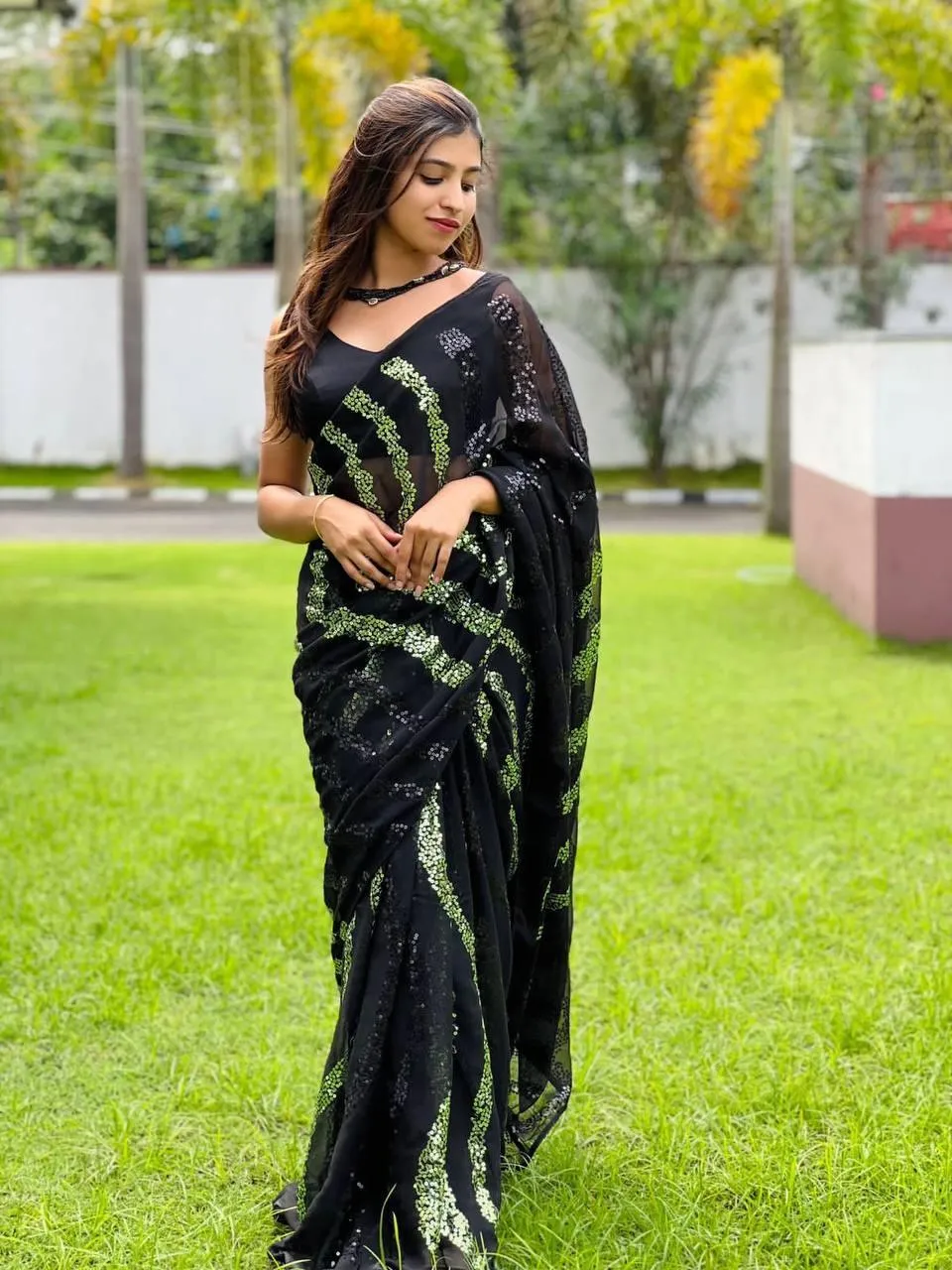 Black Georgette Elegant Sequins Saree