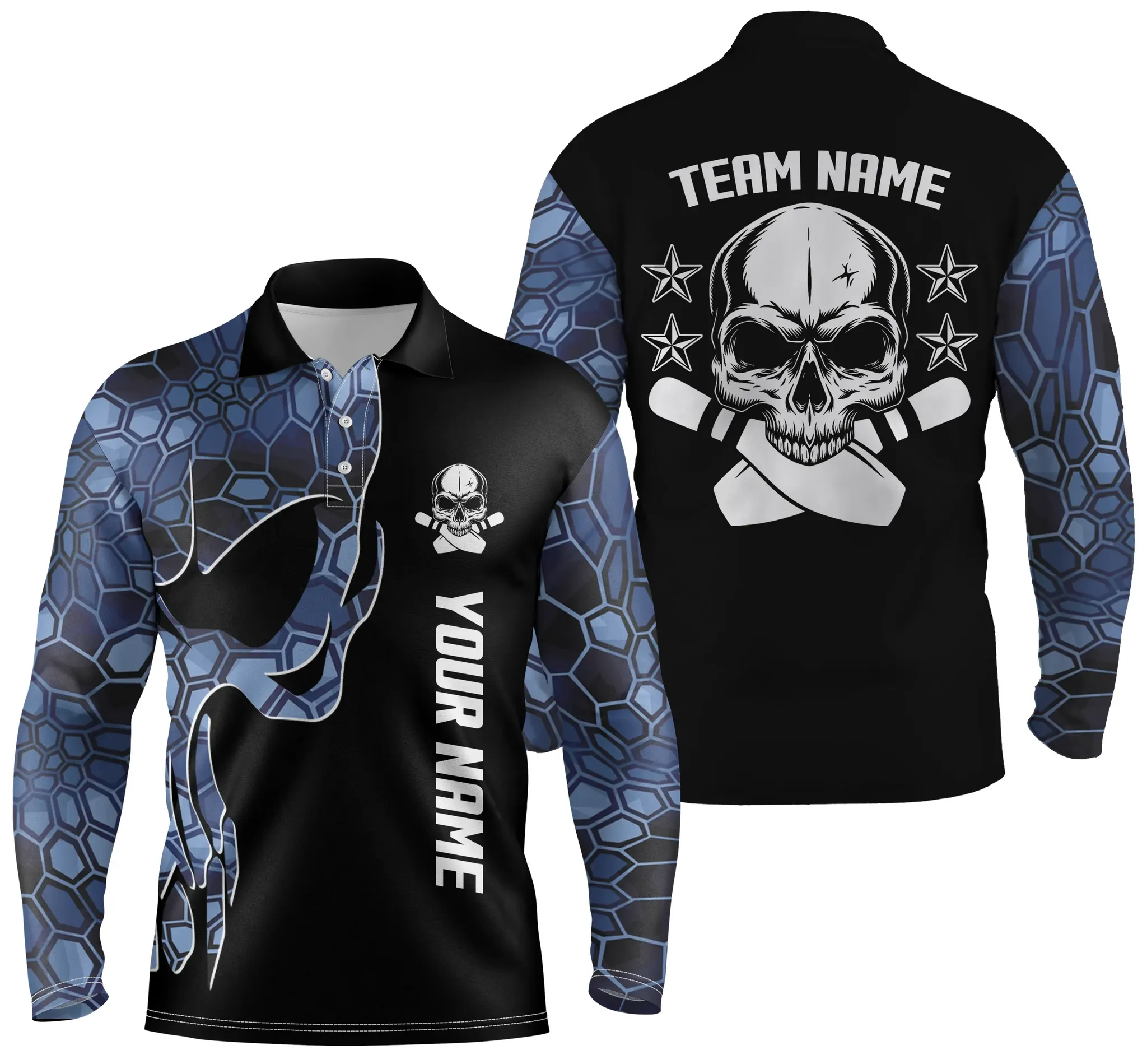 Blue Camo Black Bowling Long Sleeve Polo Shirts For Men Custom Team Name Skull Bowling, Team Bowling Shirts 