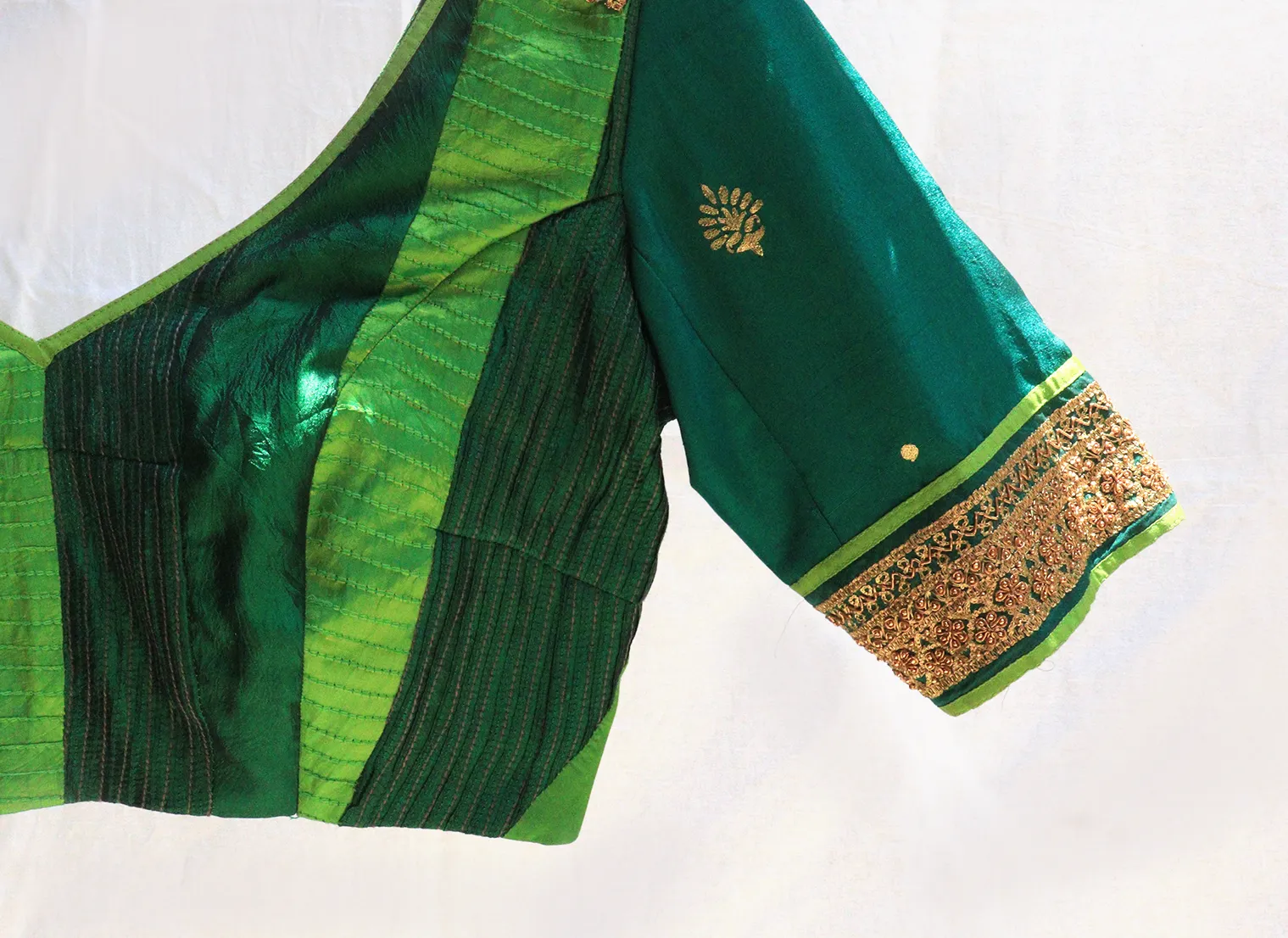 Bottle green, Evergreen and Parrot green, Karnataka silk, Hand Embroidery and Patchwork blouse