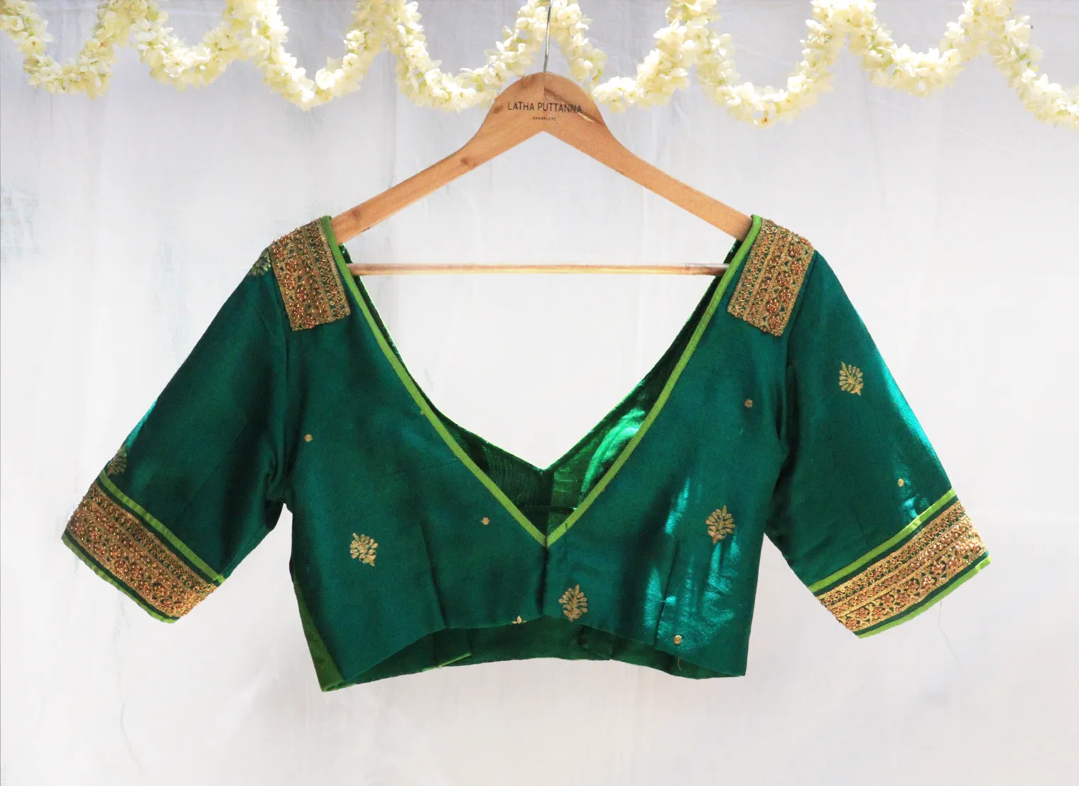 Bottle green, Evergreen and Parrot green, Karnataka silk, Hand Embroidery and Patchwork blouse