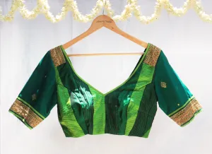 Bottle green, Evergreen and Parrot green, Karnataka silk, Hand Embroidery and Patchwork blouse