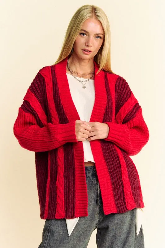 Cable-Knit Color Block Open Front Cardigan