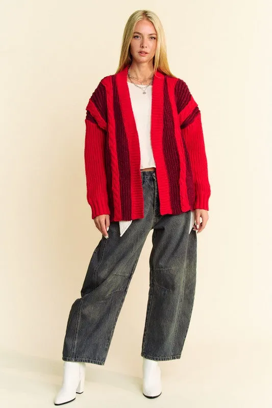 Cable-Knit Color Block Open Front Cardigan