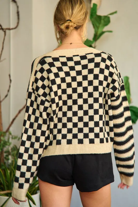 Contrast pattern sweater cardigan