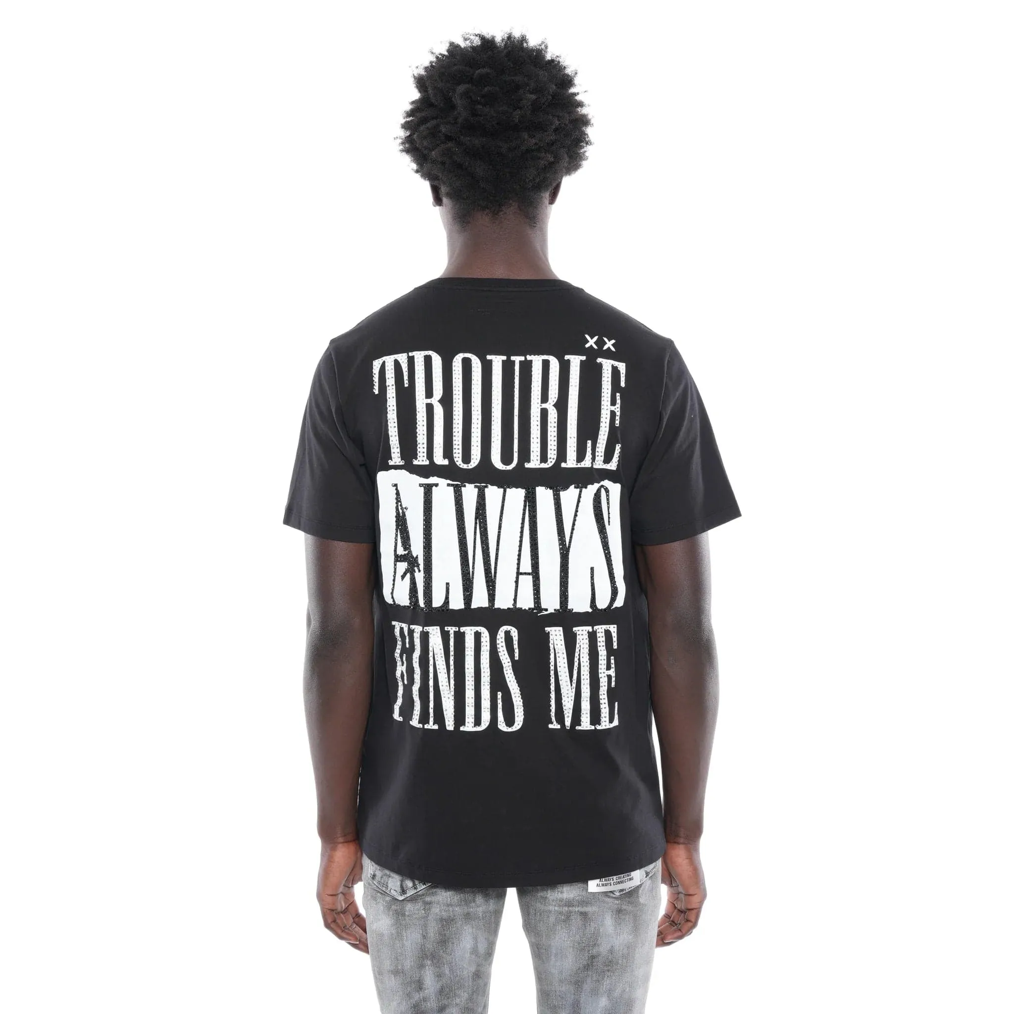 Cult Of Individuality - "Trouble Finds Me" Short Sleeve Crew Neck Tee (Black) - Cotton Oversized Comfortable