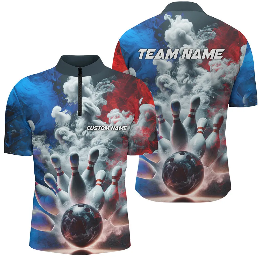 Custom Men Bowling Quarter Zip Shirts Smoke Bowling Team Jerseys Strike Bowling Shirts