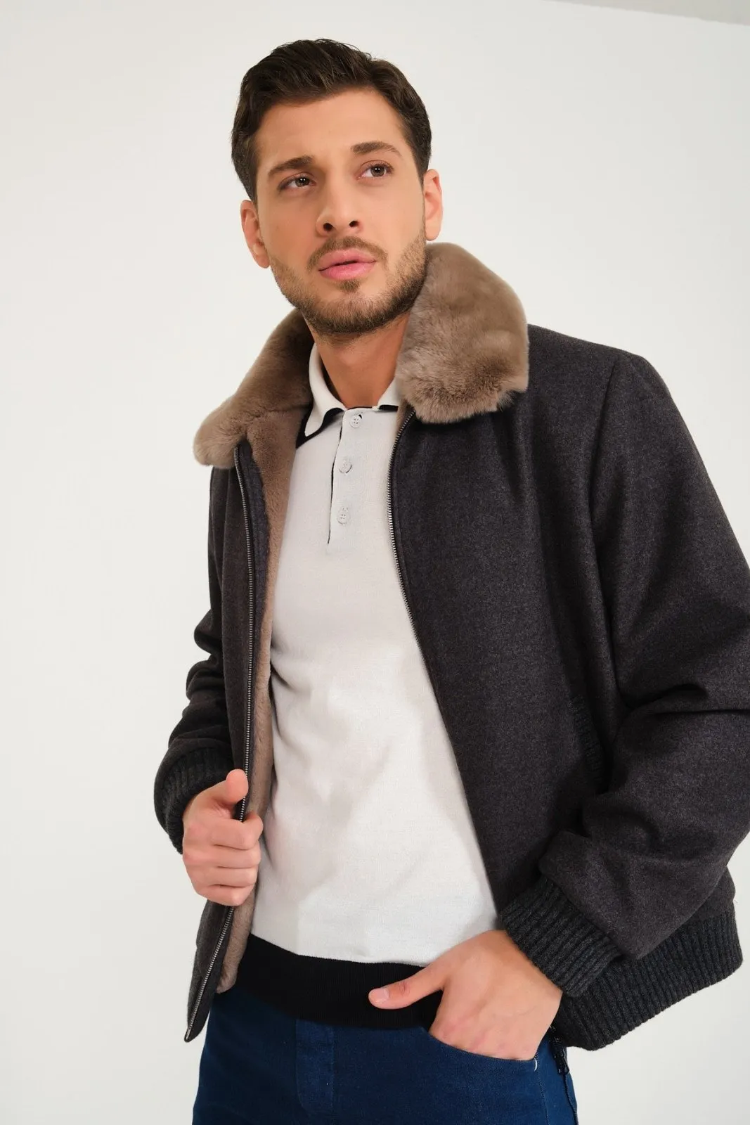 Dark Grey Wool & Rex Fur Coat