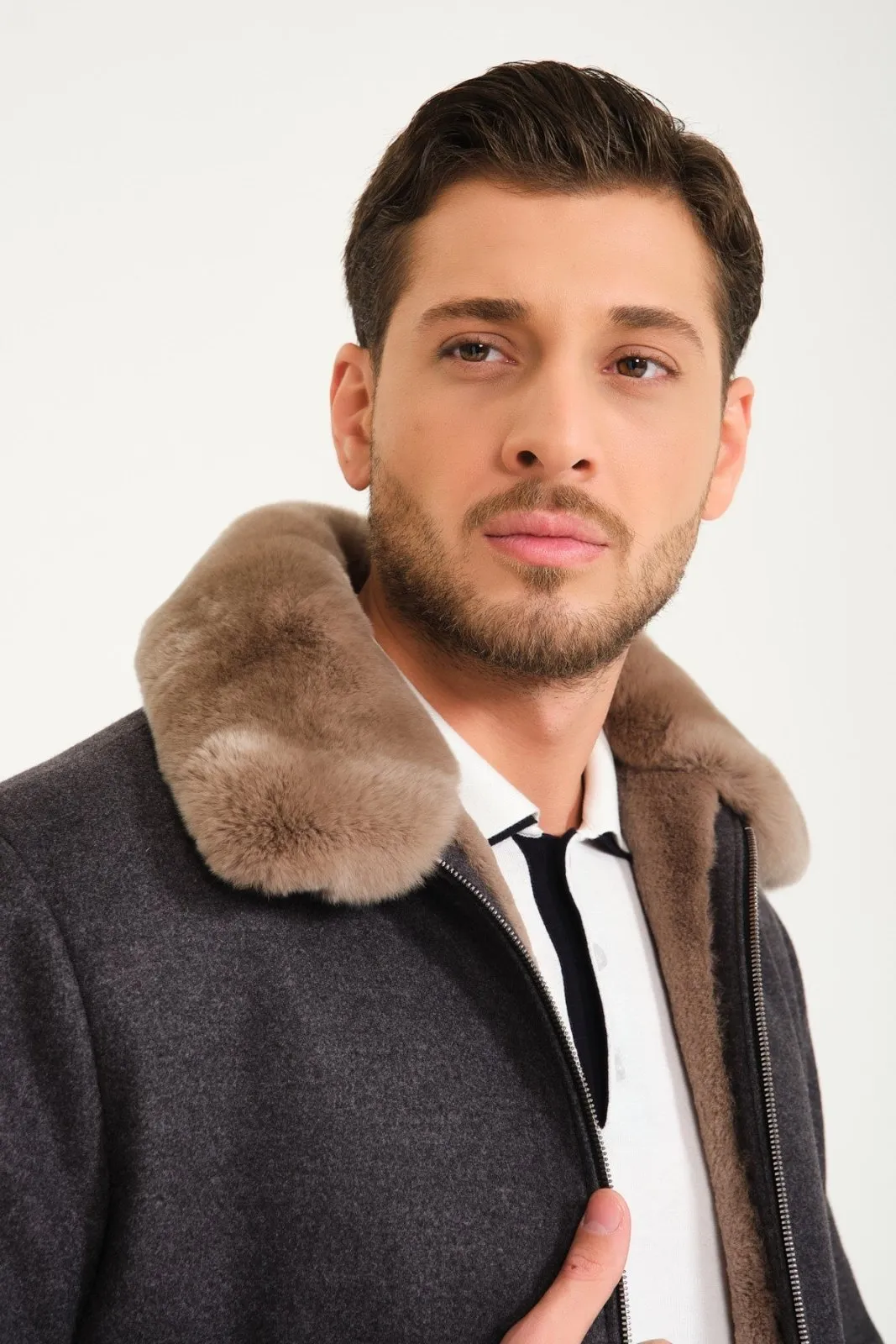 Dark Grey Wool & Rex Fur Coat