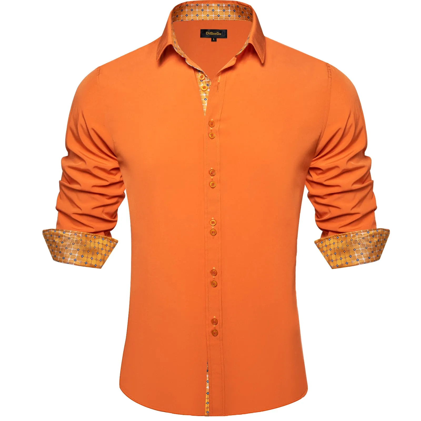 DiBanGu Mens Dress Shirt Solid Dark Orange Splicing Silk Long Sleeve Shirt