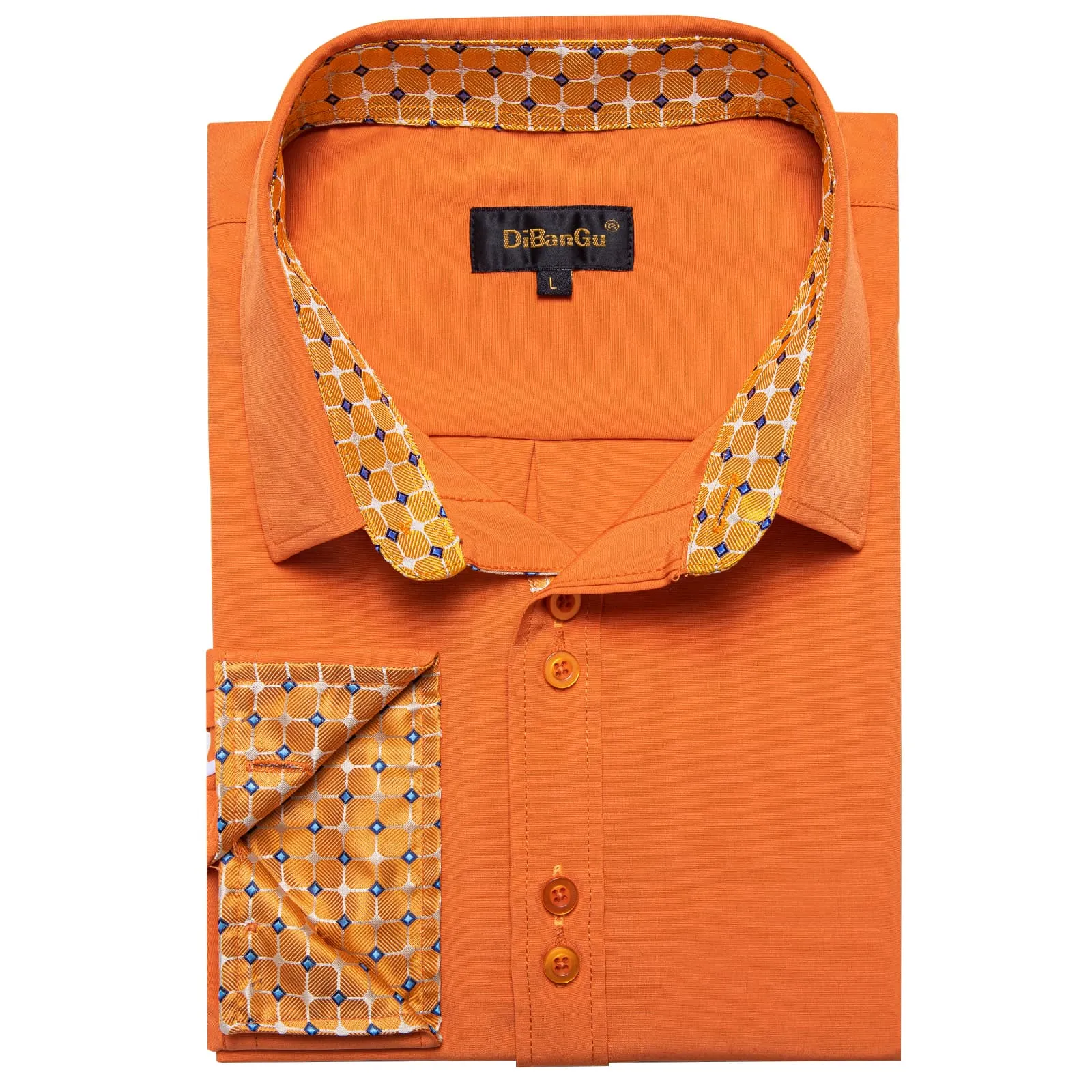 DiBanGu Mens Dress Shirt Solid Dark Orange Splicing Silk Long Sleeve Shirt