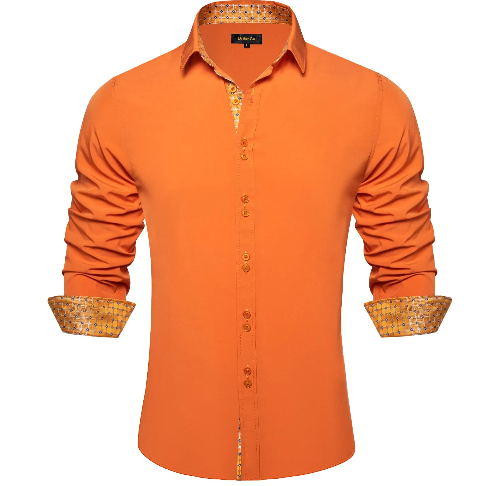 DiBanGu Mens Dress Shirt Solid Dark Orange Splicing Silk Long Sleeve Shirt