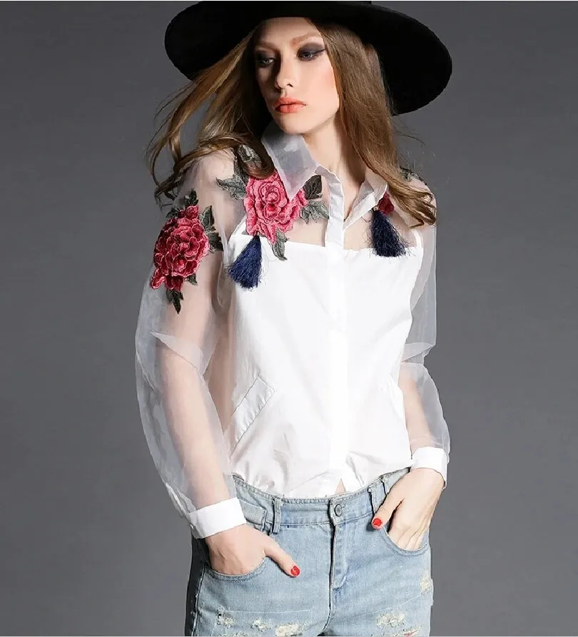 Elegant Organza Flower Embroidery Blouse