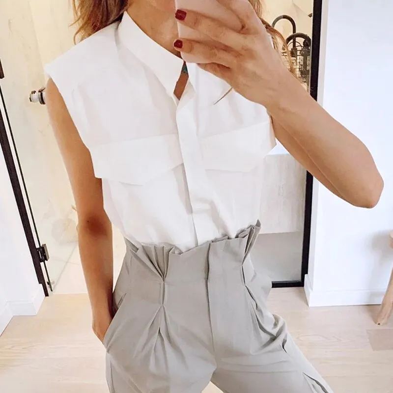 Elegant Women Shirts Lepal Collar Sleeveless Loose Loose Elegant Ruched Blouses For Female Fashion Clothes