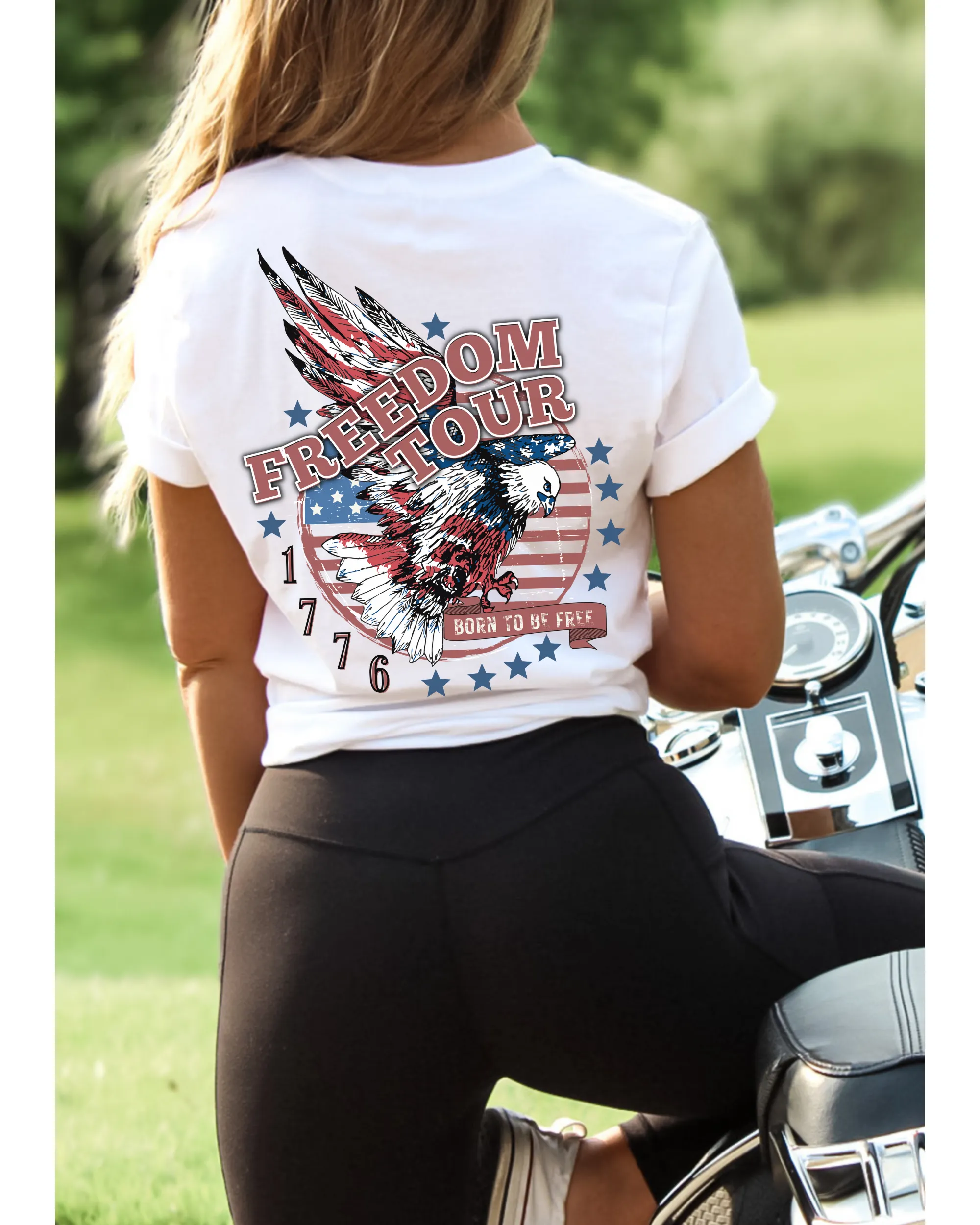 Freedom Tour Women's Fourth of July T Shirt, Sweatshirt or Tank July 4th Freedom Tour Born to be Free 1776 Eagle 4th of July Collection