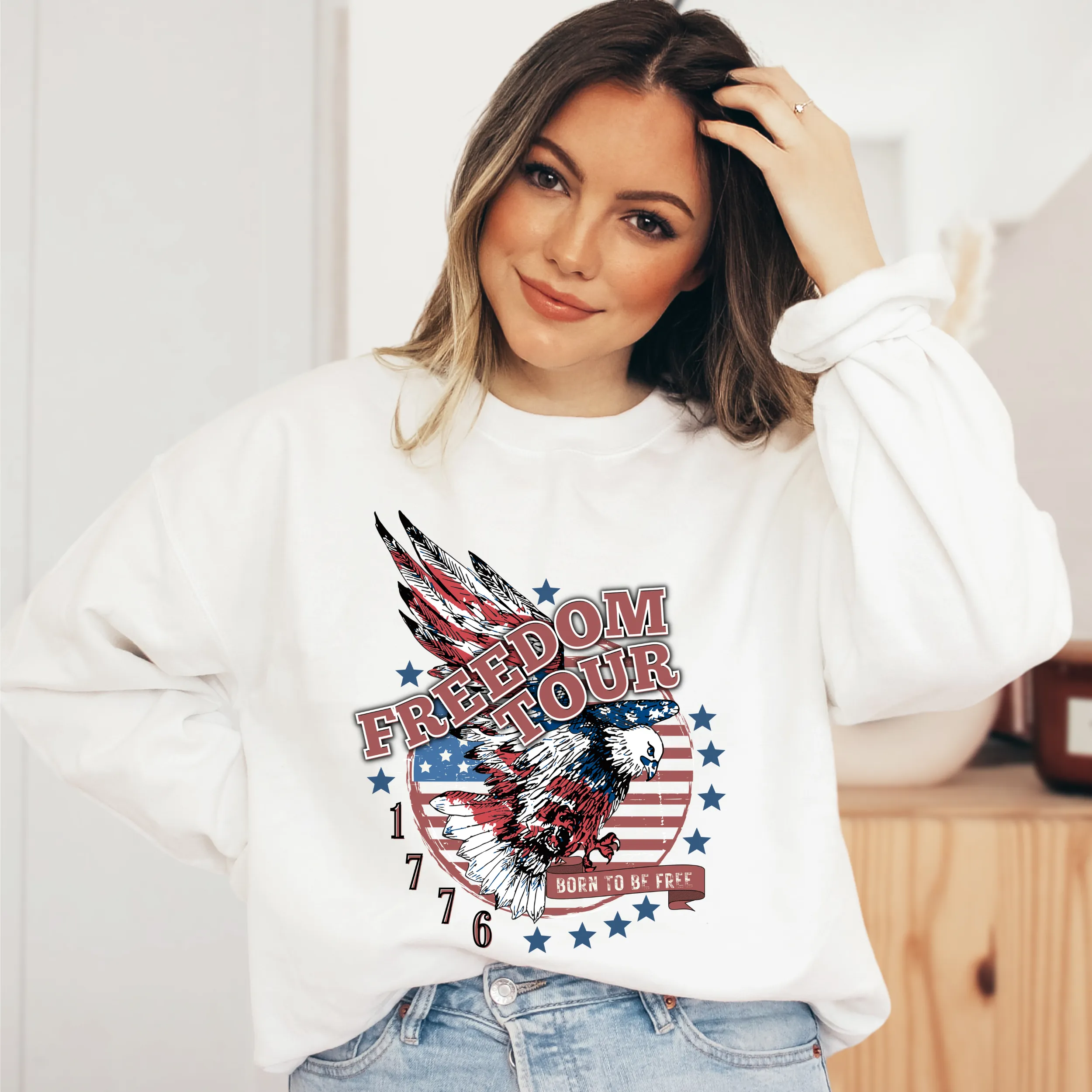 Freedom Tour Women's Fourth of July T Shirt, Sweatshirt or Tank July 4th Freedom Tour Born to be Free 1776 Eagle 4th of July Collection