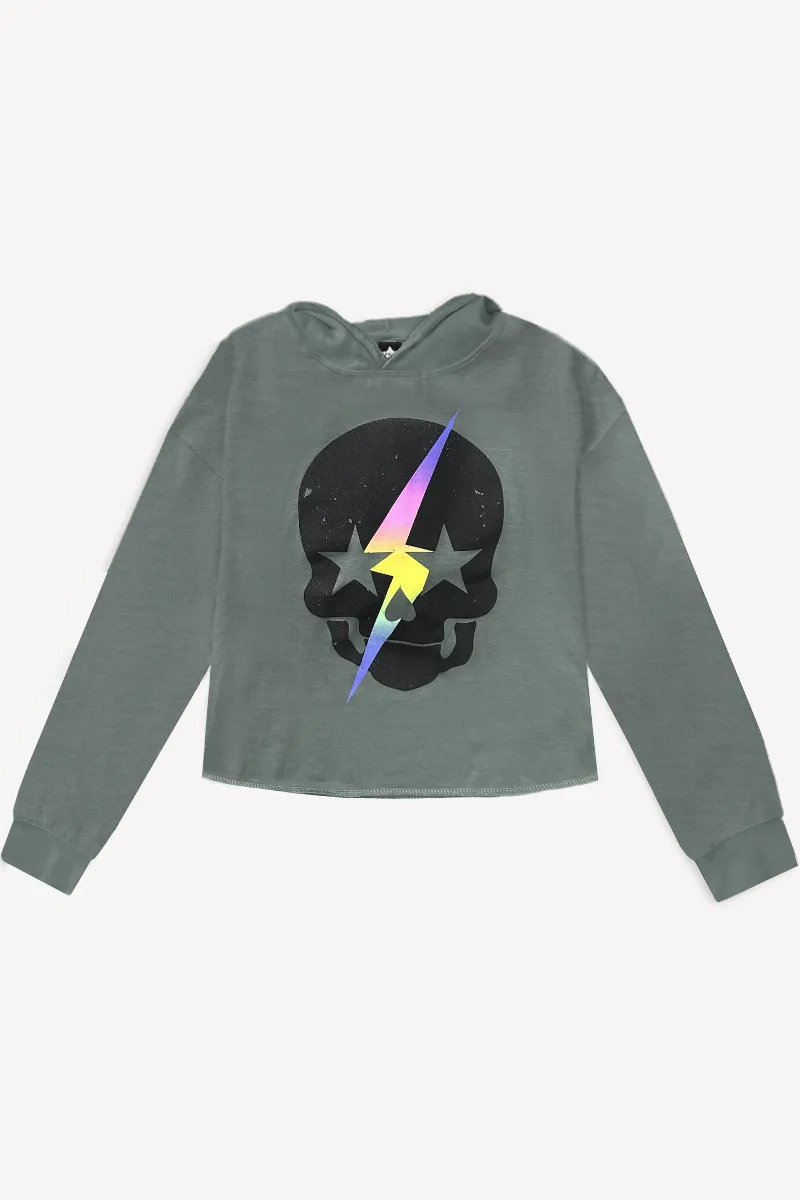 French Terry Easy Hoodie - Olive Rainbow Skull