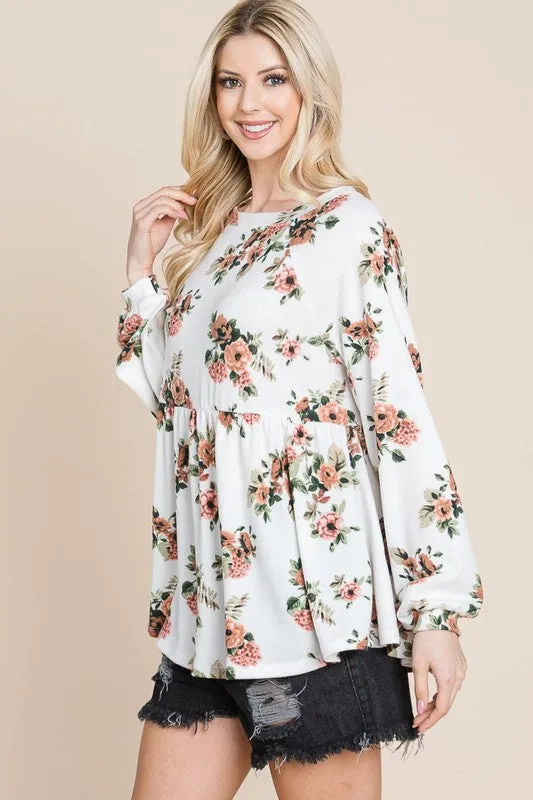 Full Size Babydoll Floral Boat Neck Long Sleeve Blouse