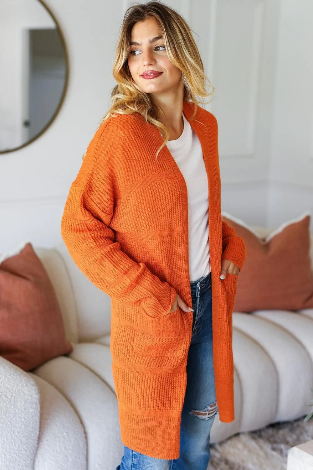 Full Size Stripe Textured Open Front Cardigan with Pockets