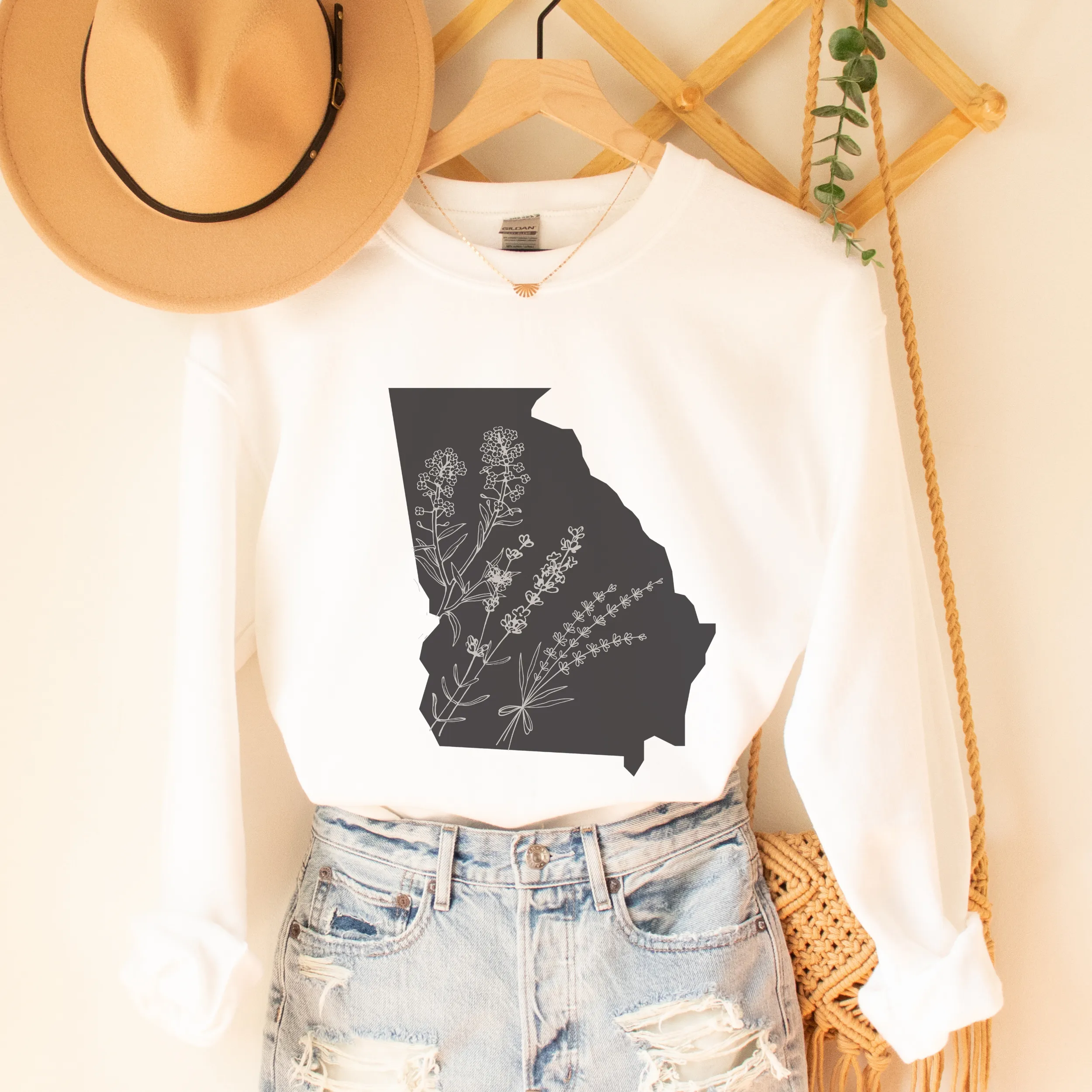 Georgia Wildflowers Crewneck Sweatshirt Women's pullover Unisex State of Georgia Shirt Pullover White, Sand or Ash