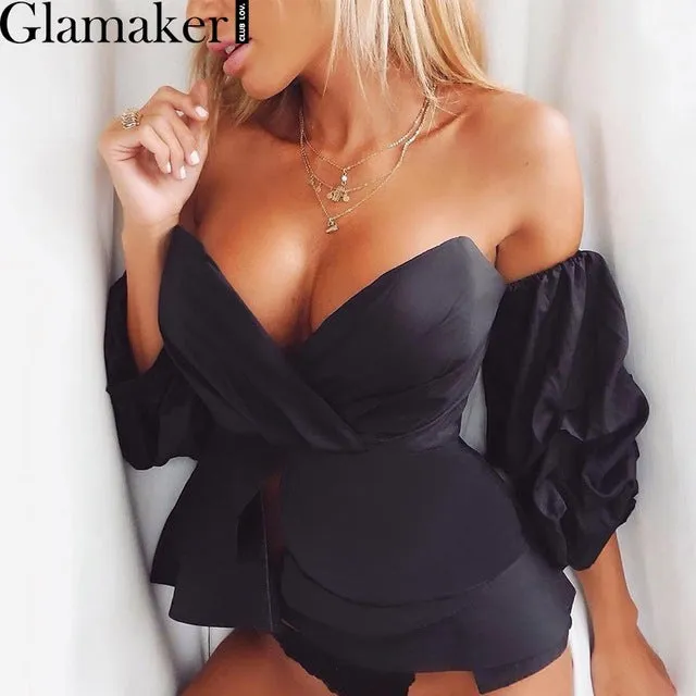 Glamaker Sexy off shoulder ruffle blouse shirt Fitness elegant  backless blouse blusas Spring slim beach women tops