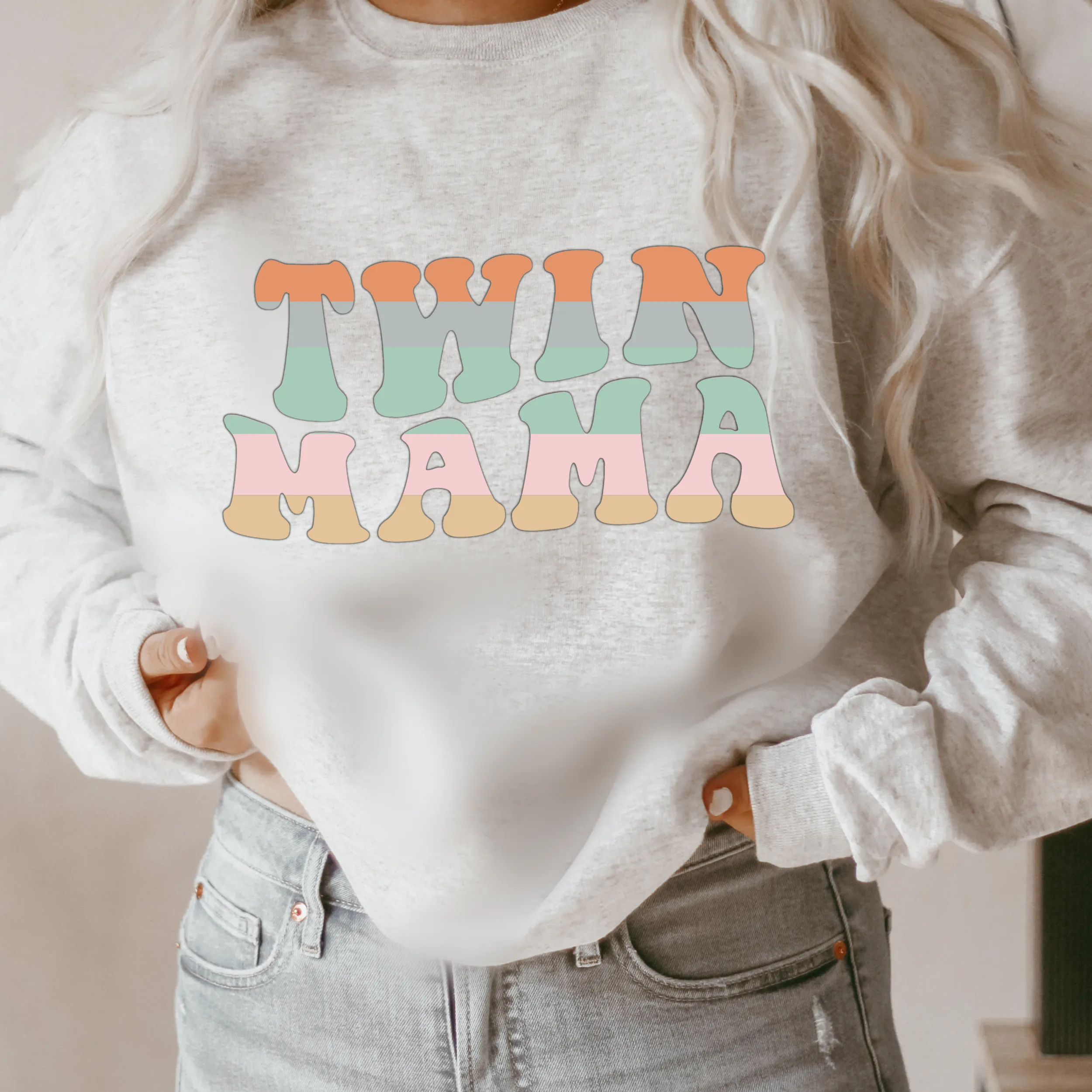 Groovy Twin Mama Sweatshirt - Retro Mommy Gift, Pregnancy Announcement, Mother Of Twins, New Mom To Be Gift - Unisex Crewneck Sweatshirt