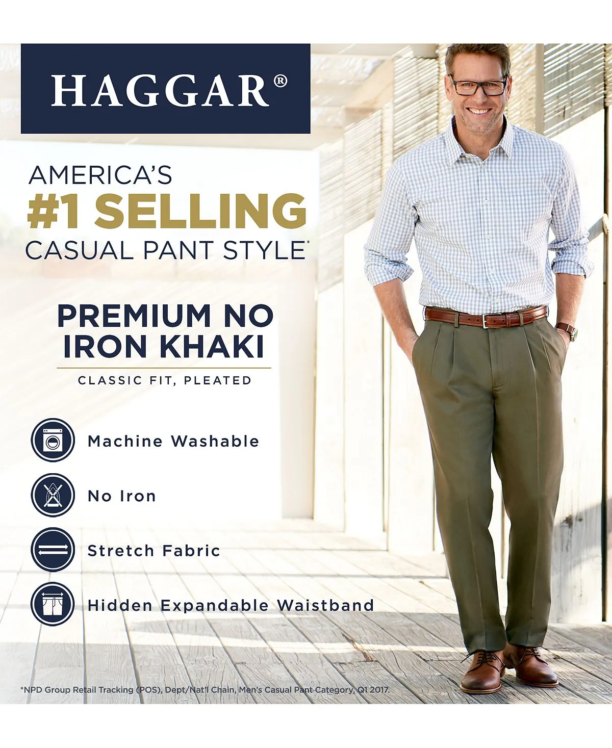 Haggar Men's Premium Non-Iron Khaki Pleated Flared Waist Regular Fit Pants