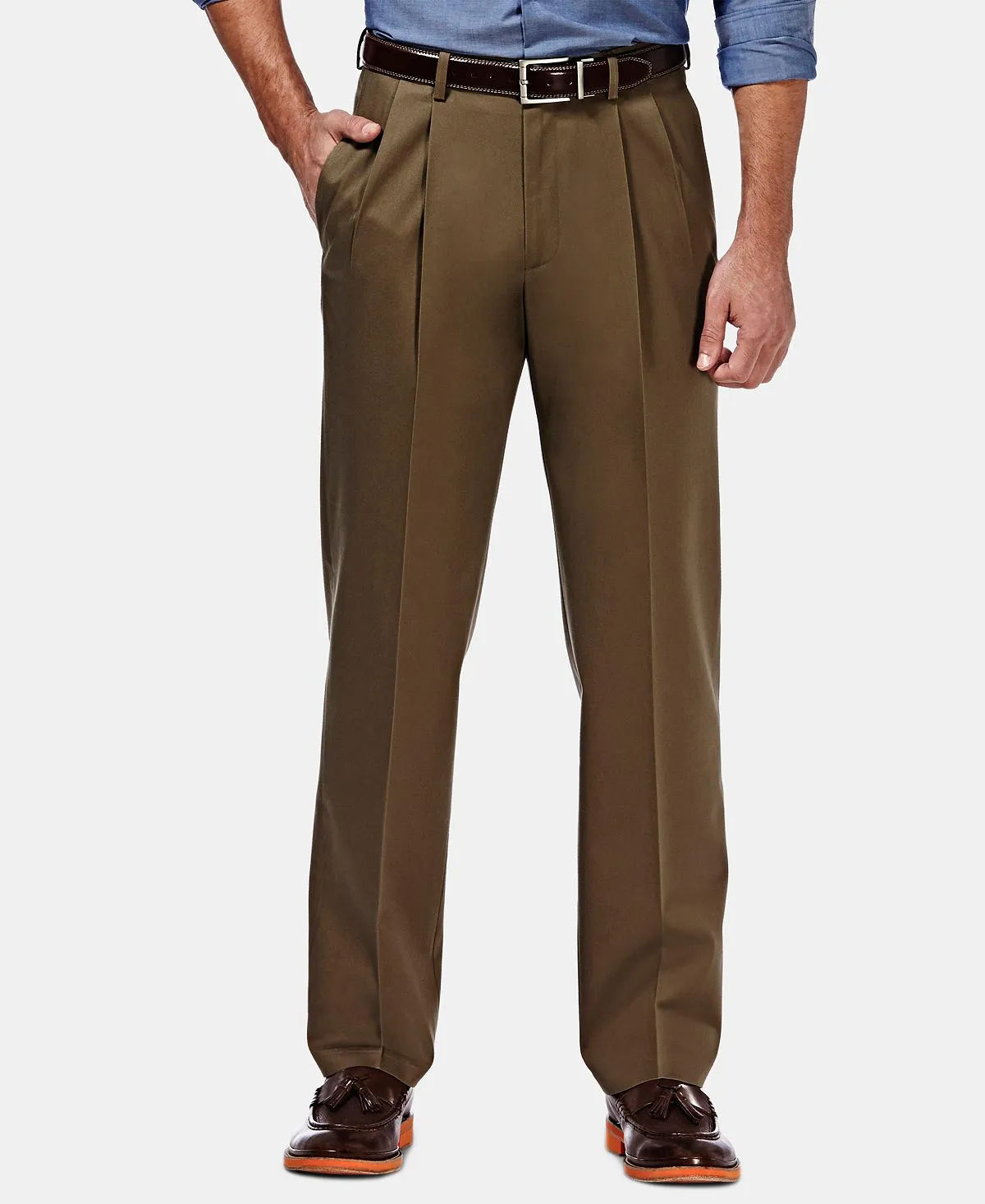 Haggar Men's Premium Non-Iron Khaki Pleated Flared Waist Regular Fit Pants