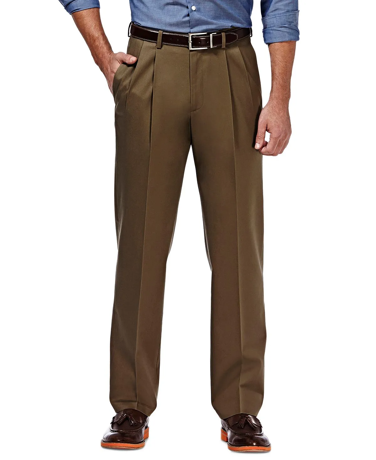 Haggar Men's Premium Non-Iron Khaki Pleated Flared Waist Regular Fit Pants