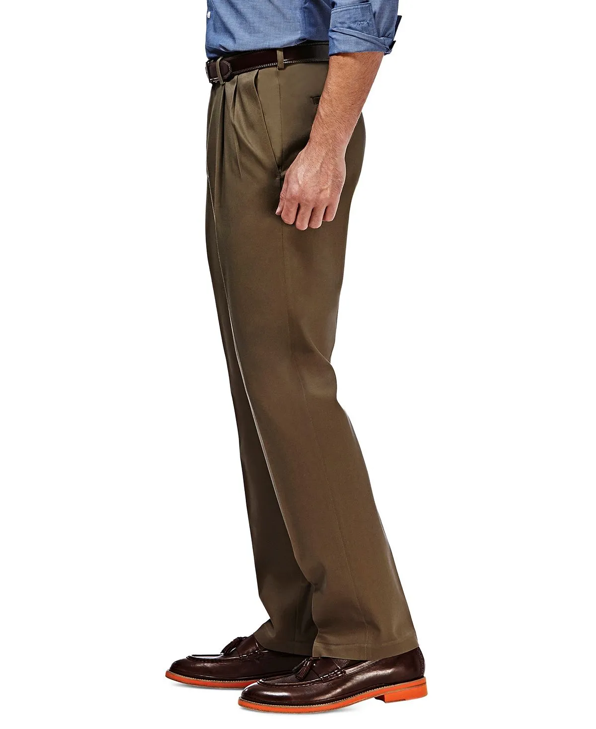 Haggar Men's Premium Non-Iron Khaki Pleated Flared Waist Regular Fit Pants