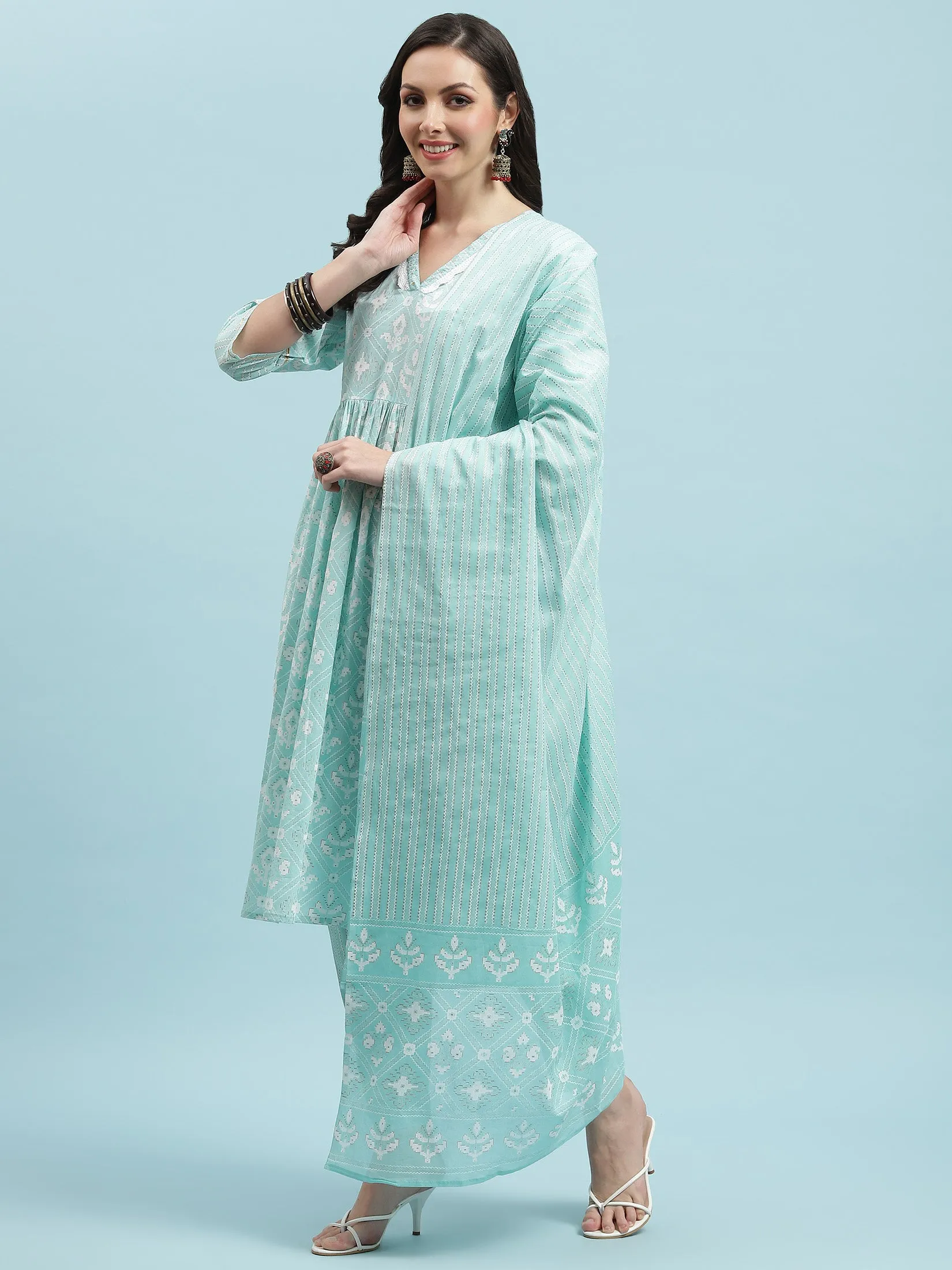 Indiessence Turquoise Blue Geometric Printed Kurta Trouser Dupatta