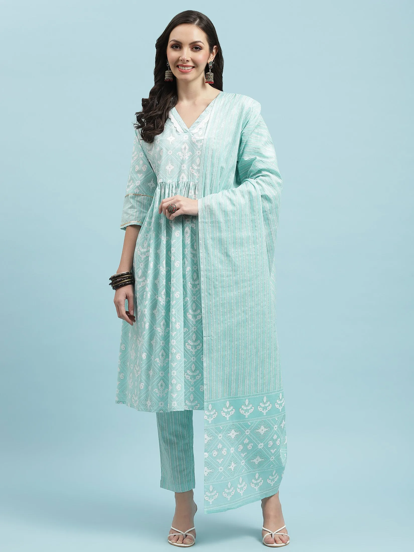 Indiessence Turquoise Blue Geometric Printed Kurta Trouser Dupatta