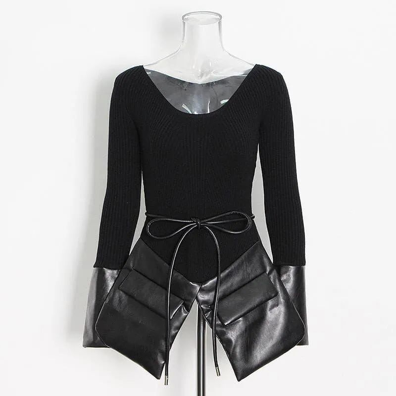 Irregular stitching knitted leather round neck slim sweater