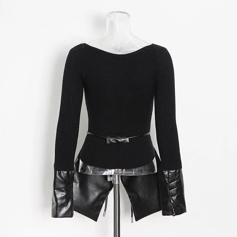 Irregular stitching knitted leather round neck slim sweater