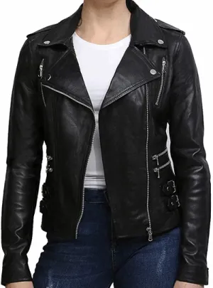 Ladies Genuine Leather Bikers Slim Fit Black Jacket