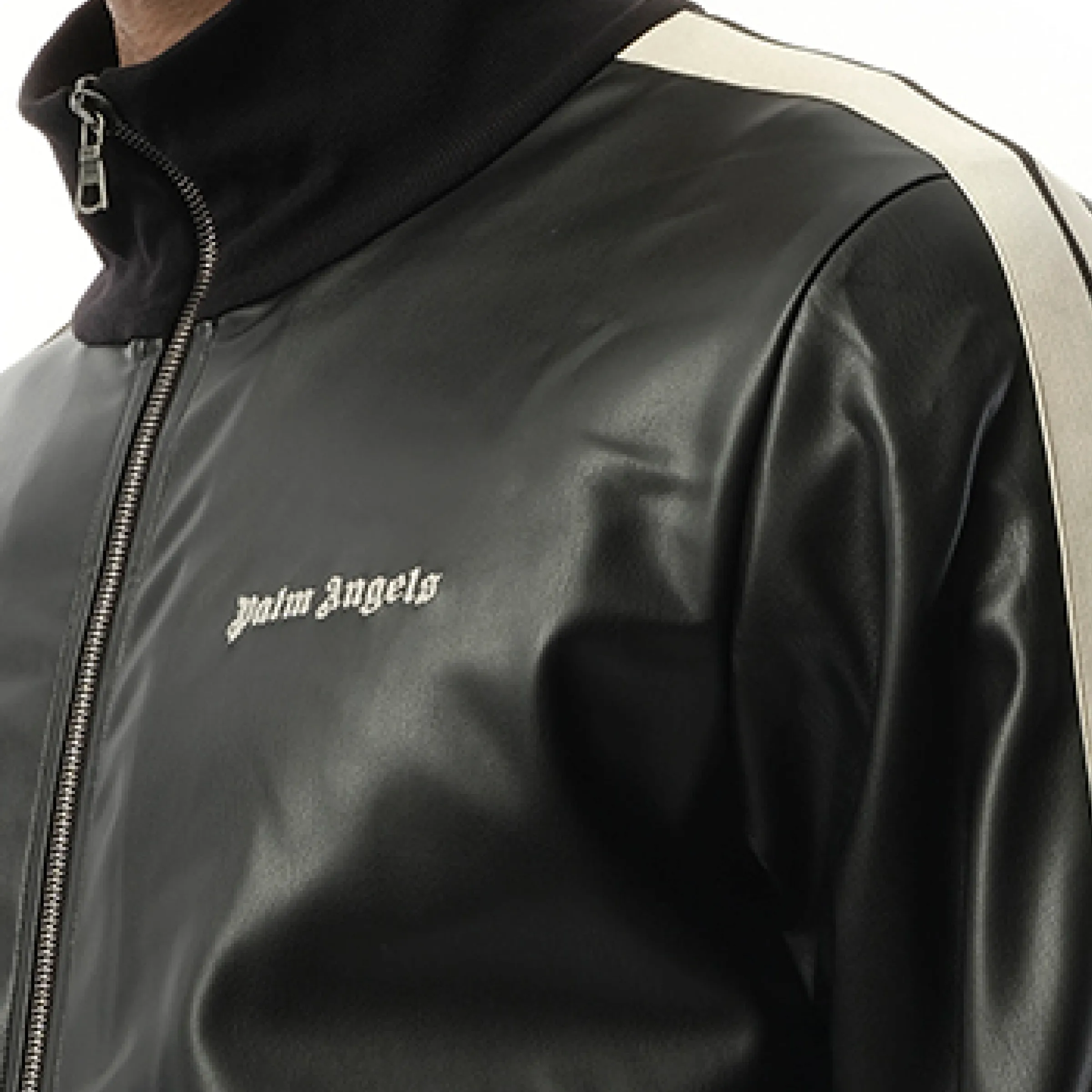 Leather Effect Track Jacket in Black/Off White