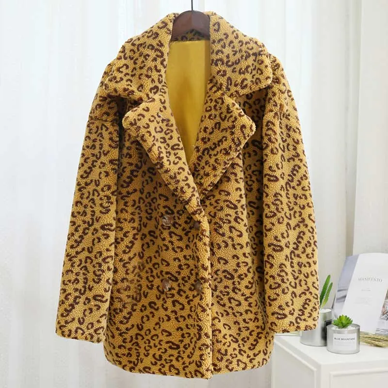 Leopard Print Fuzzy Teddy Jacket  Women Warm Fur Jacket Streetwear