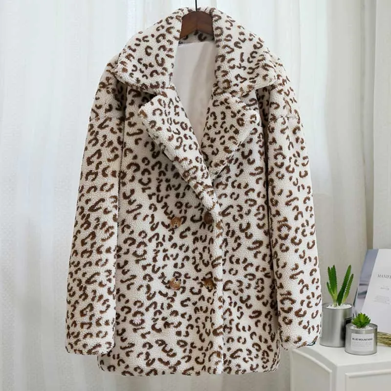 Leopard Print Fuzzy Teddy Jacket  Women Warm Fur Jacket Streetwear