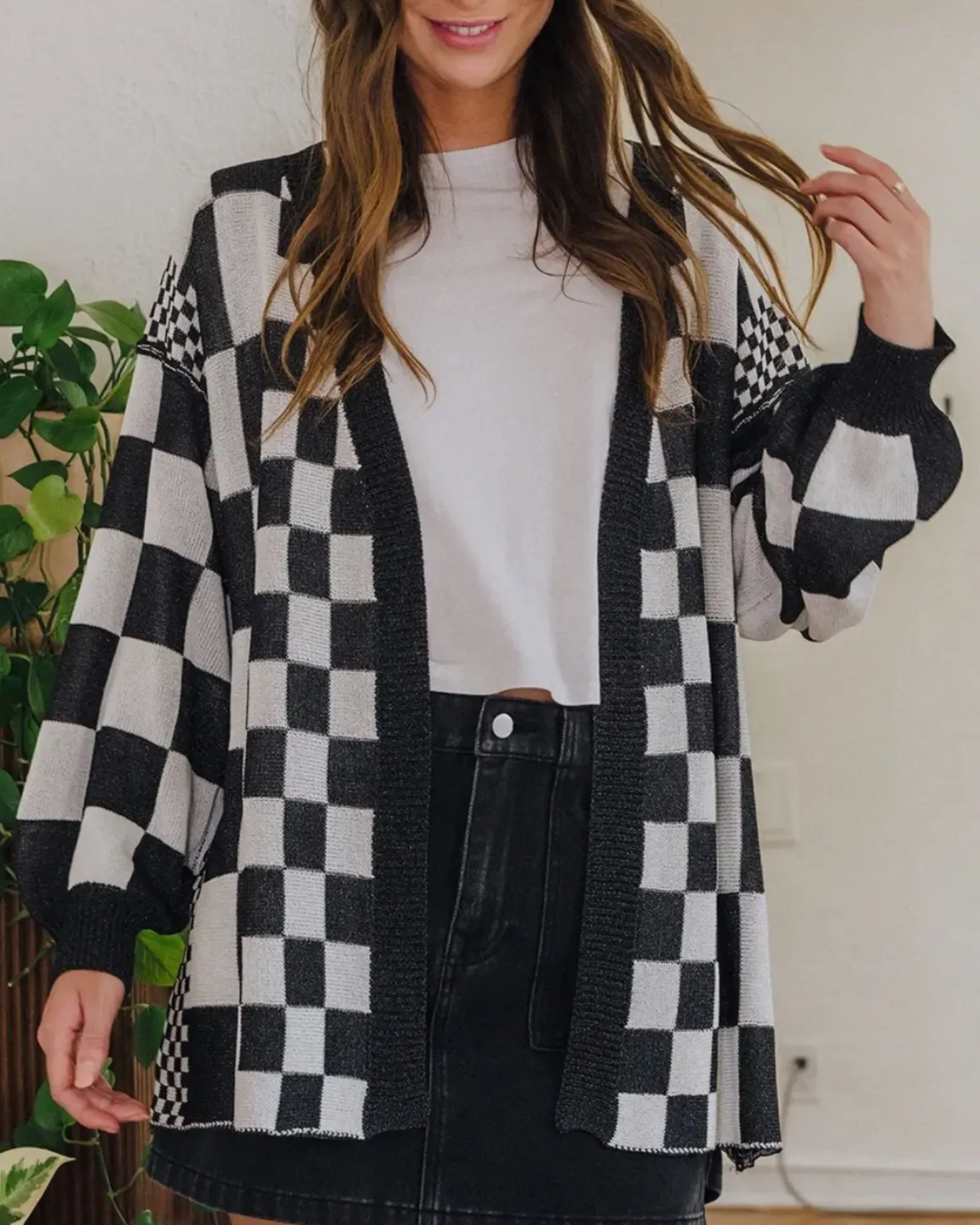 Long Checkered Cardigan