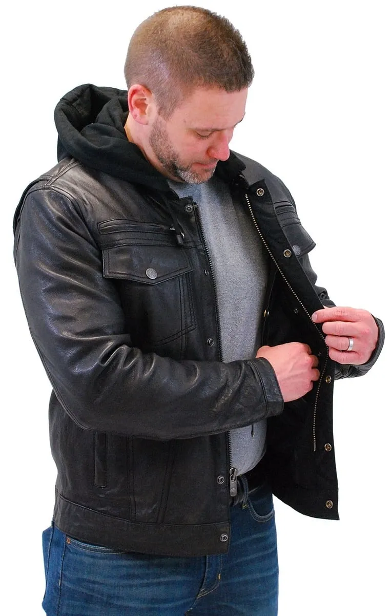 Men's Vintage Black Hooded Leather Jean Jacket w/Vents #MA2760GHVV